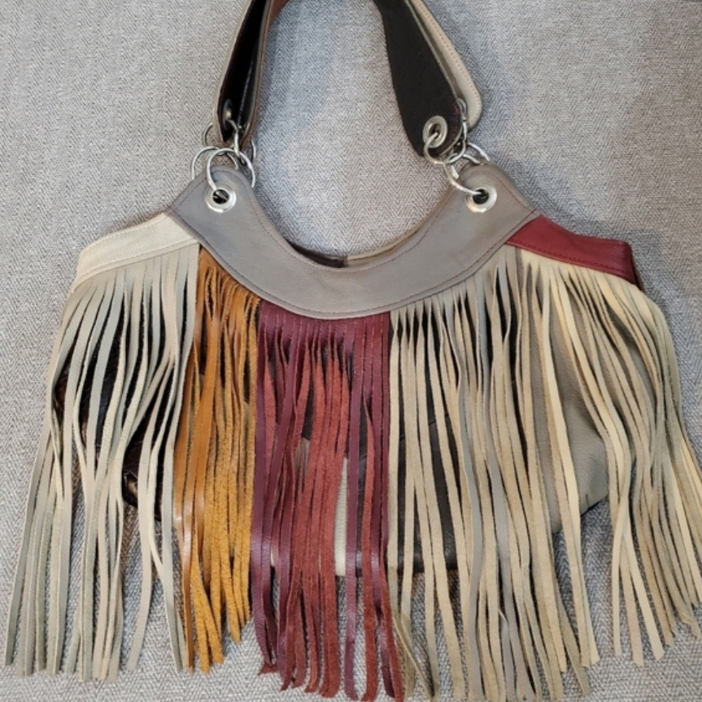 Leather Handbag - Patchwork With Fringe - image 1